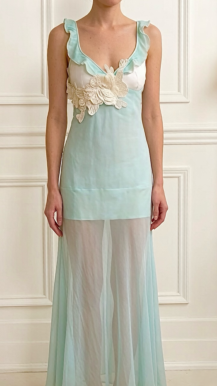 Hand-Embroidered Silk Maxi - Mint Sage Blue