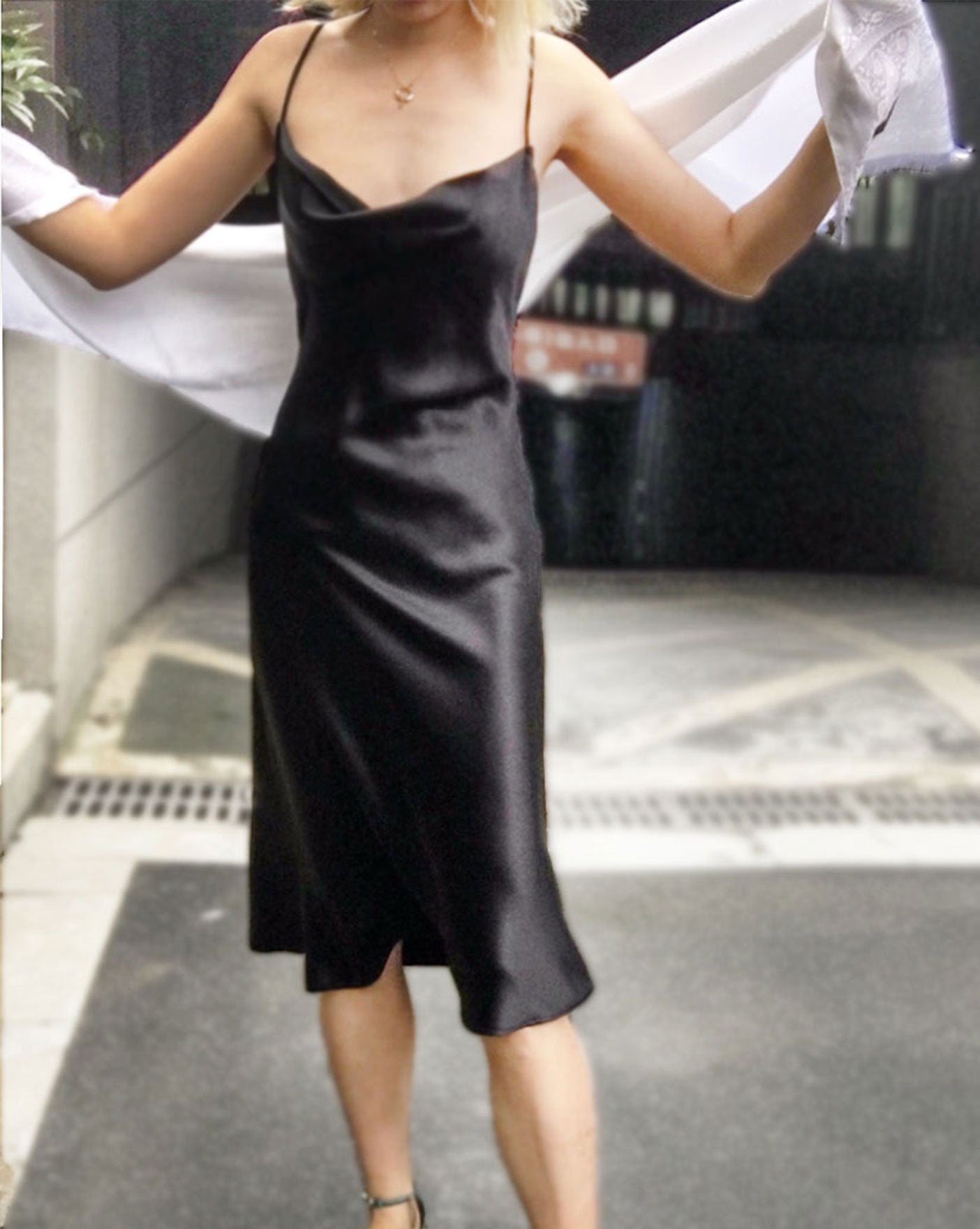 Black Crossback Organic Satin Silk Cowl Neck Slip Dress - Studio Alashanghai Silk