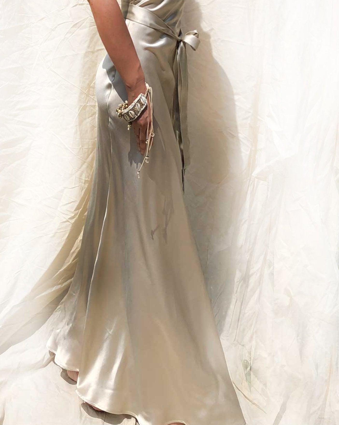 Daisy Khaki Silver Draped Dress Gown - Studio Alashanghai Silk