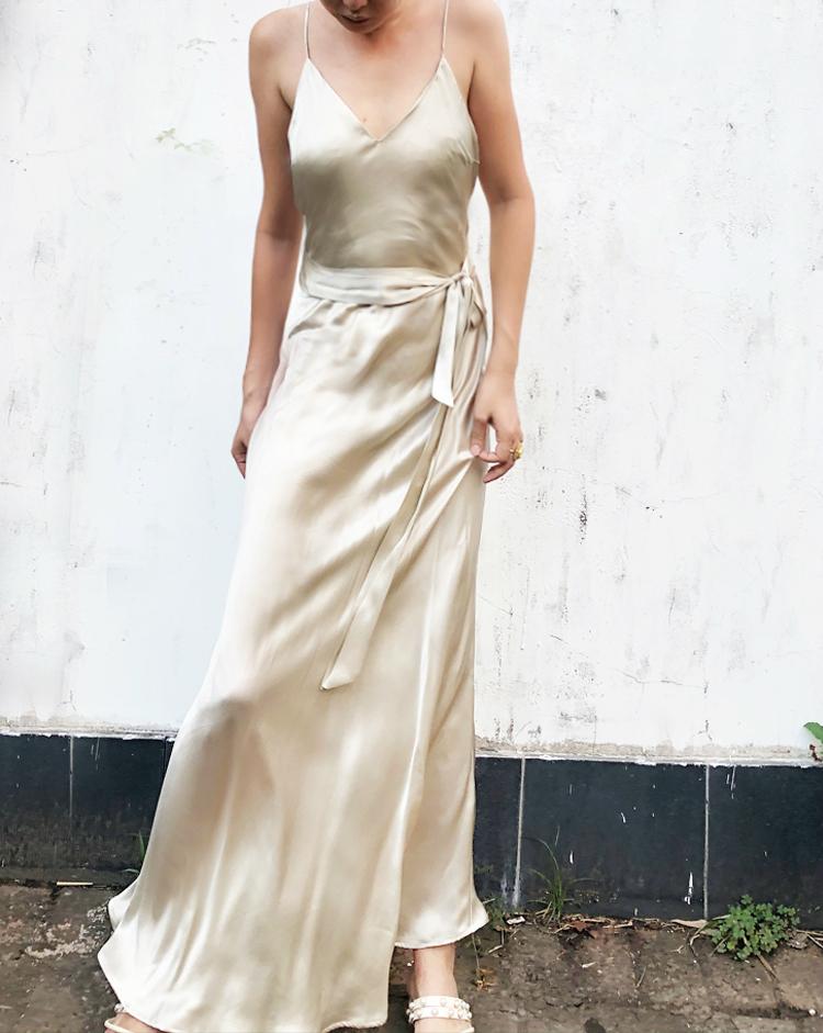Daisy Khaki Silver Draped Dress Gown - Studio Alashanghai Silk