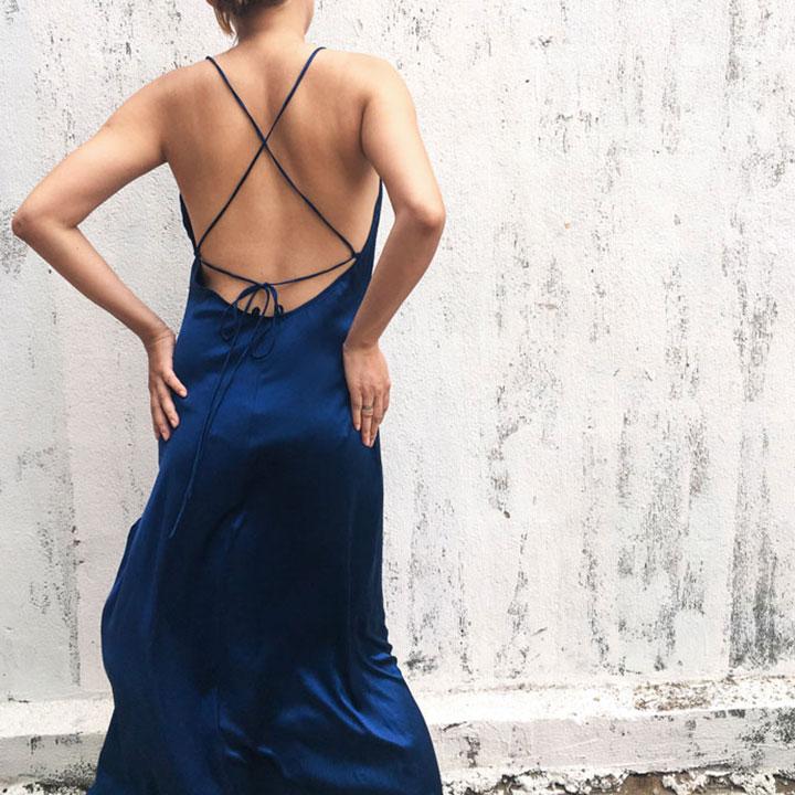 Dark Blue Backless Mulberry Silk Cowl Neck Slip Dress - Studio Alashanghai Silk