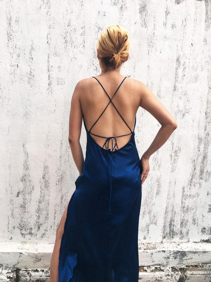 Dark Blue Backless Mulberry Silk Cowl Neck Slip Dress - Studio Alashanghai Silk