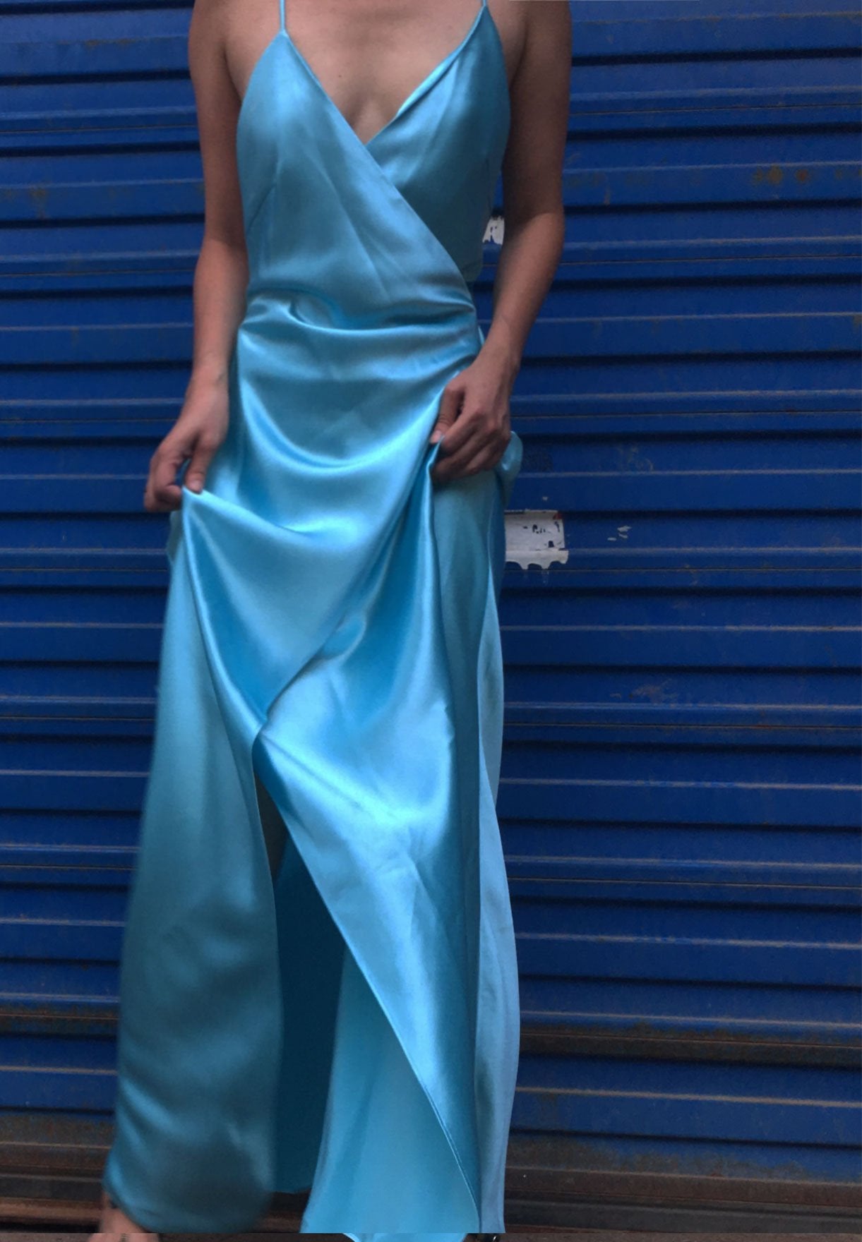 Gaby Blue Wrap Up Backless Satin Slip Dress Gown - Studio Alashanghai Silk