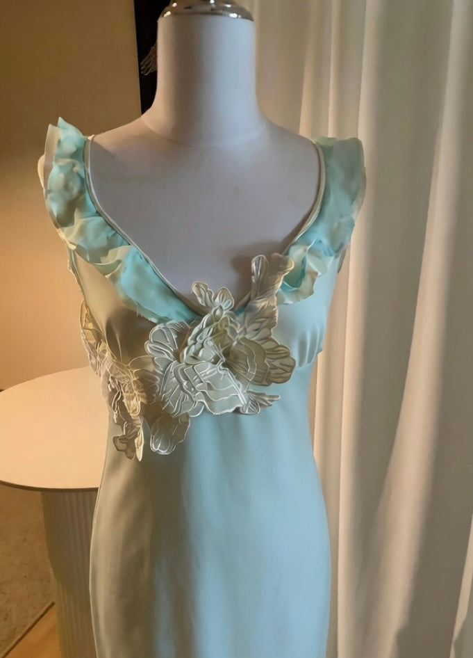Hand-Embroidered Silk Maxi - Mint Sage Blue