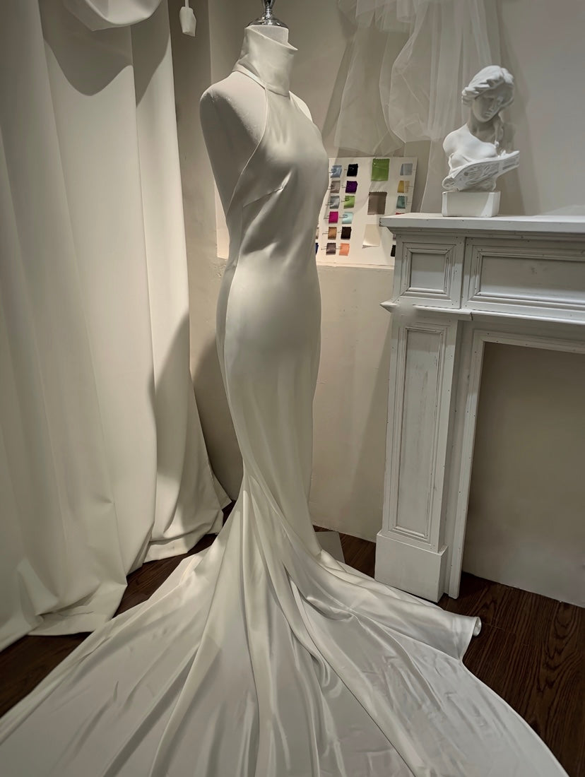 White Halter Neck Silk Gown