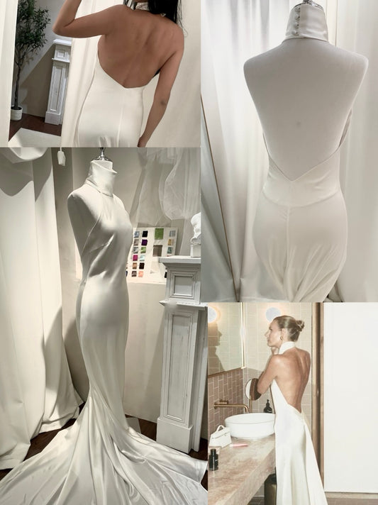 White Halter Neck Silk Gown