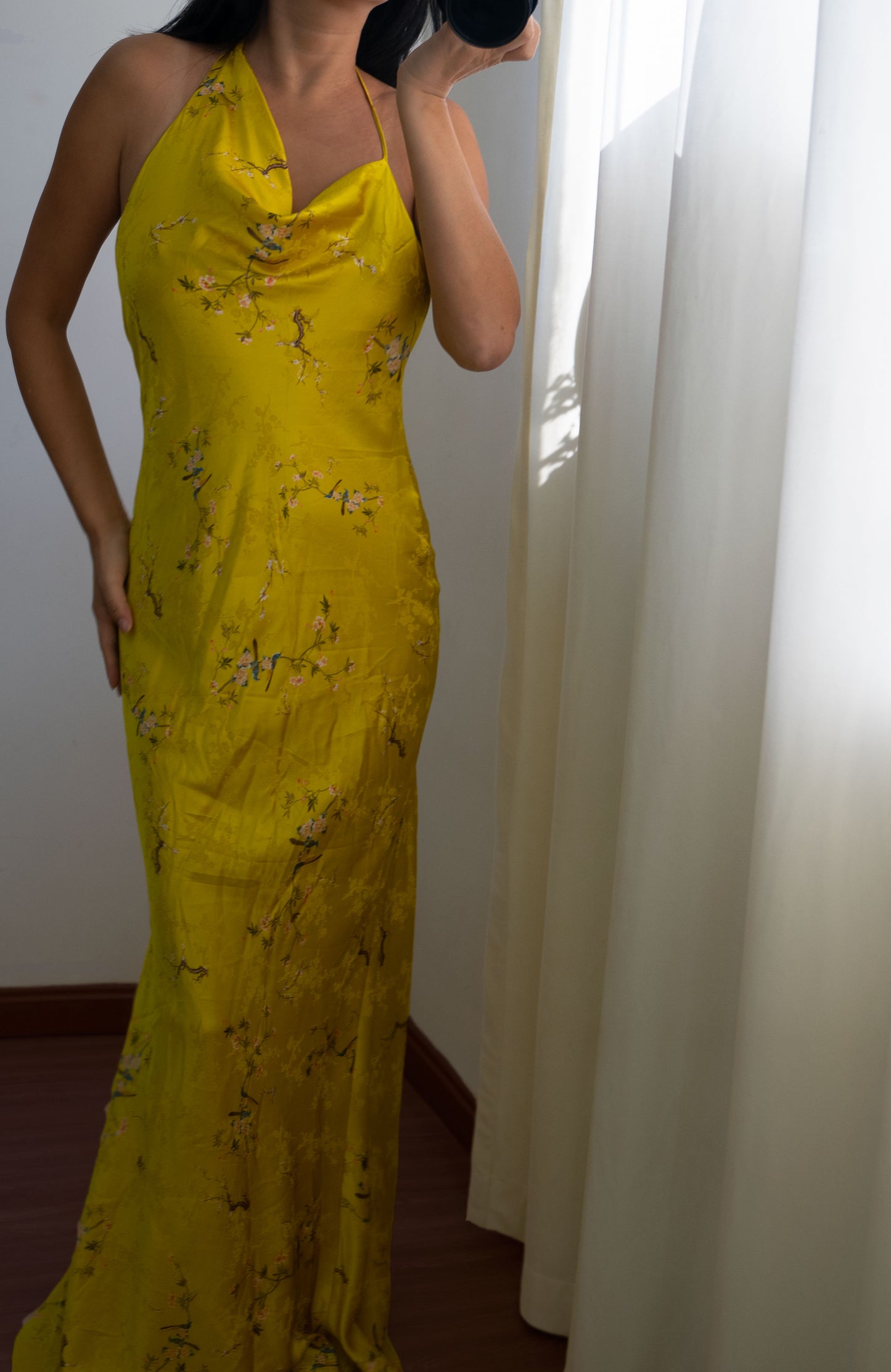 100% Mulberry Silk Gold Floral Gown
