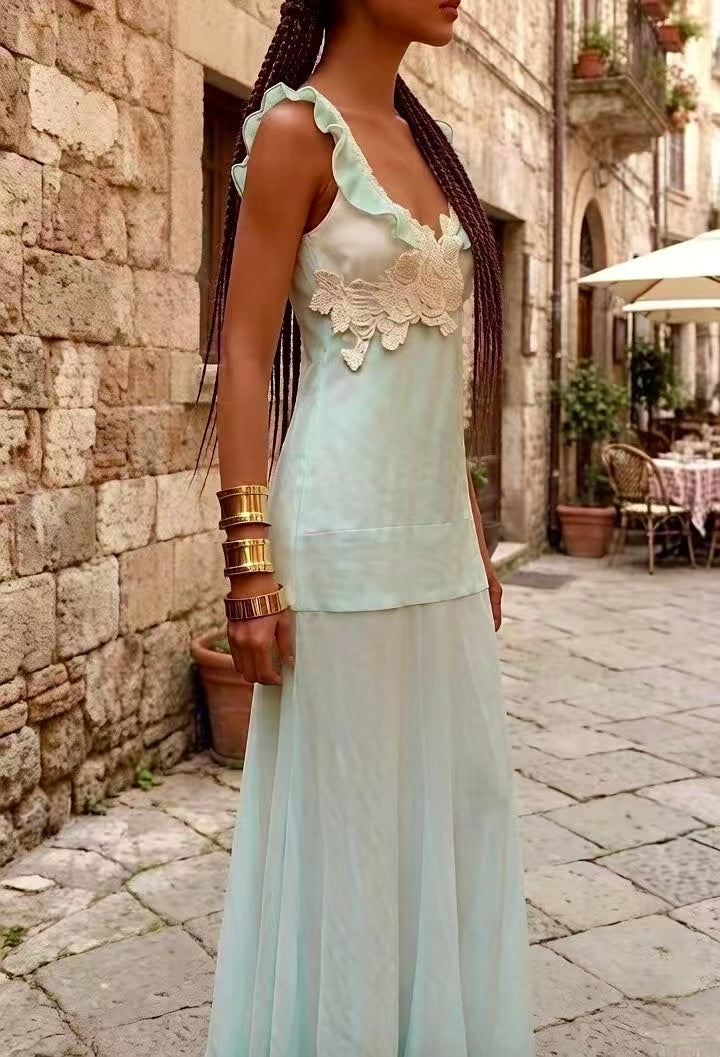 Hand-Embroidered Silk Maxi - Mint Sage Blue