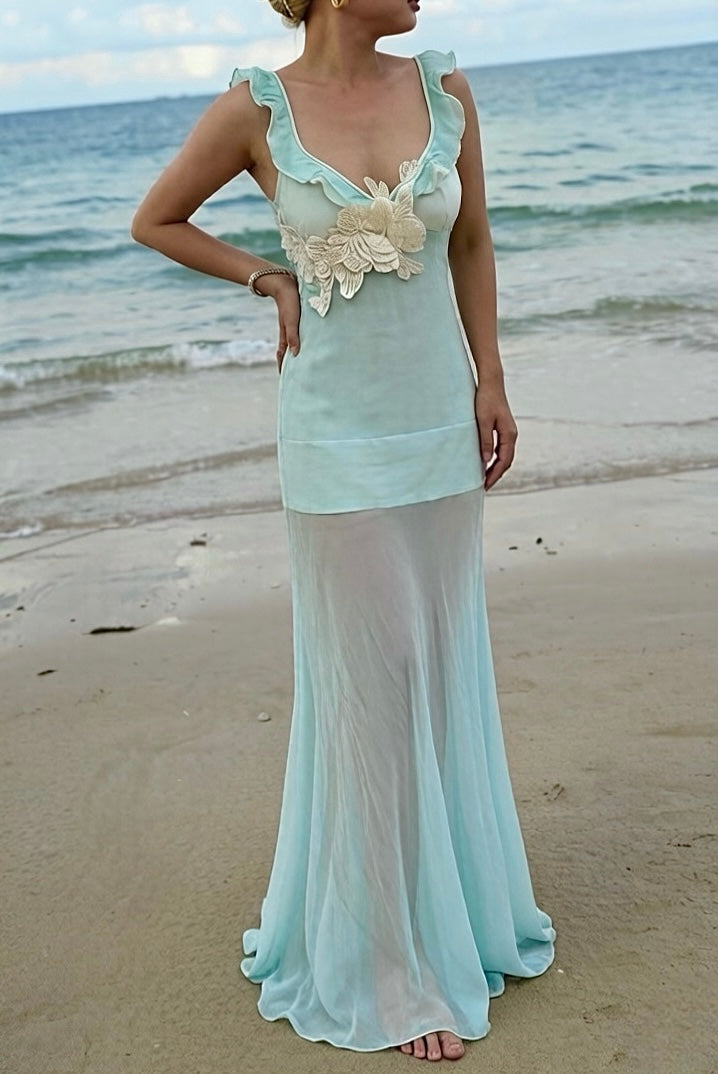 Hand-Embroidered Silk Maxi - Mint Sage Blue