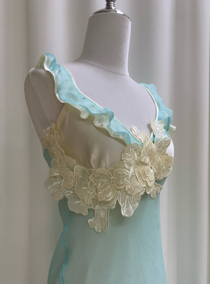 Hand-Embroidered Silk Maxi - Mint Sage Blue