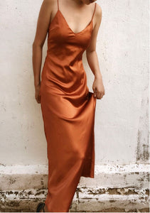 Bronze V Neck Pure Silk Slip Dress