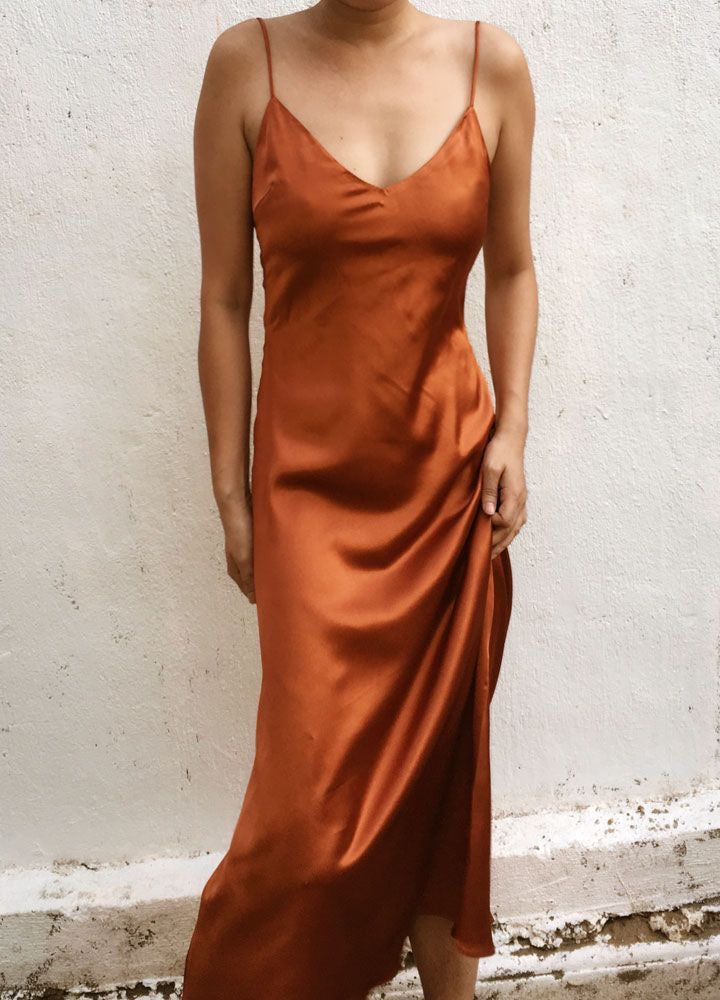 Bronze V Neck Pure Silk Slip Dress