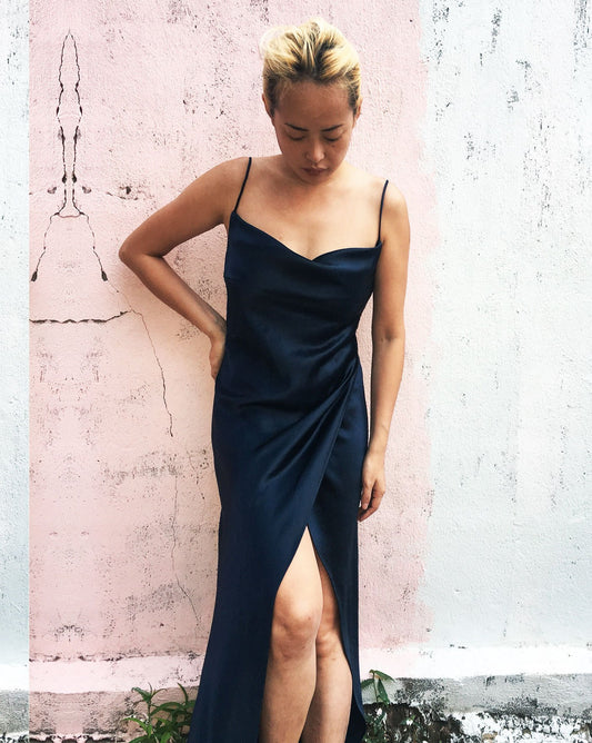 Dark Blue Organic Silk Cowl Neck Slip Dress - Studio Alashanghai Silk