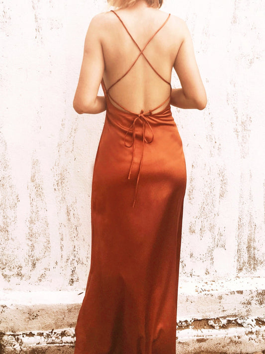 Draped Bronze Backless Mulberry Silk Cowl Neck Slip Dress - Studio Alashanghai Silk